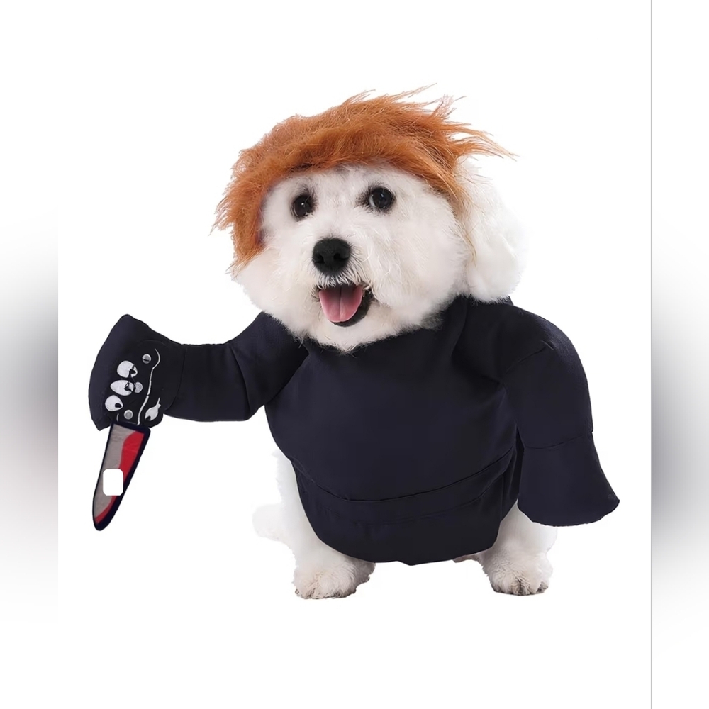 Funny Dog Costume w/ Knife, Blue Jumpsuit, Medium
